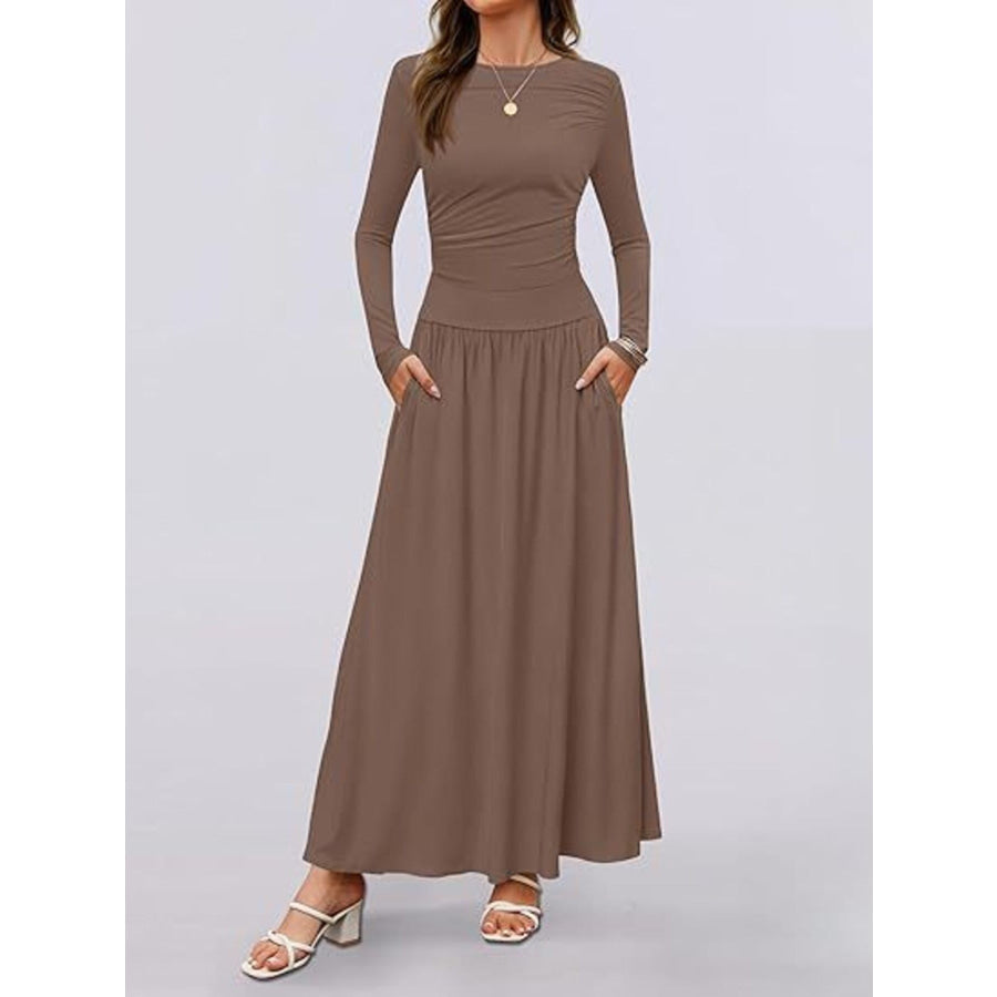 Long Sleeve Maxi Dress with Pockets Coffee / S Apparel and Accessories