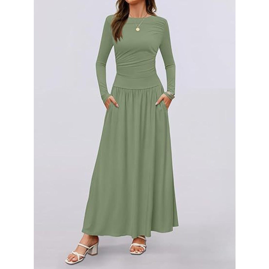 Long Sleeve Maxi Dress with Pockets Green / S Apparel and Accessories