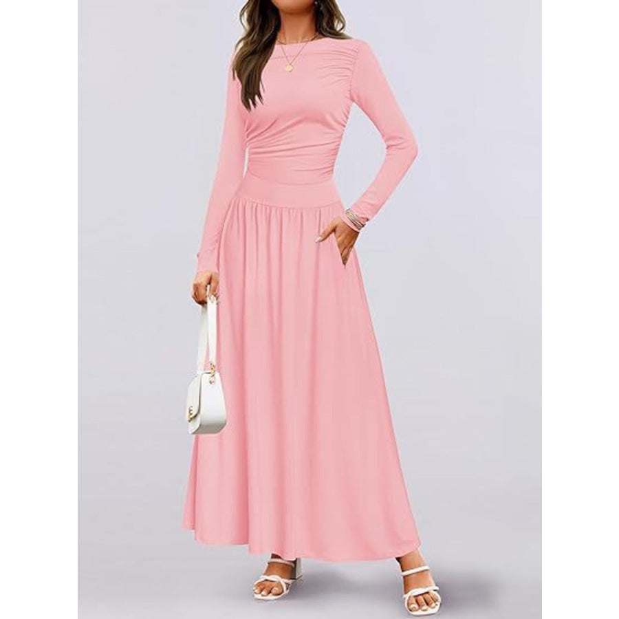 Long Sleeve Maxi Dress with Pockets Pink / S Apparel and Accessories