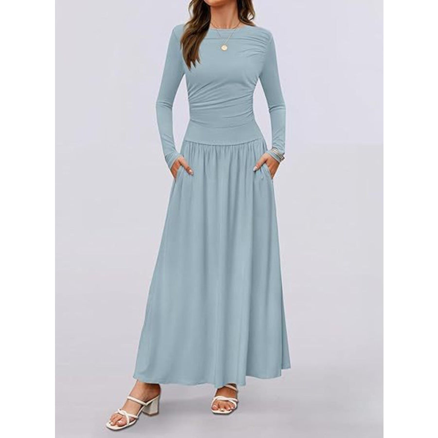 Long Sleeve Maxi Dress with Pockets Sky Blue / S Apparel and Accessories