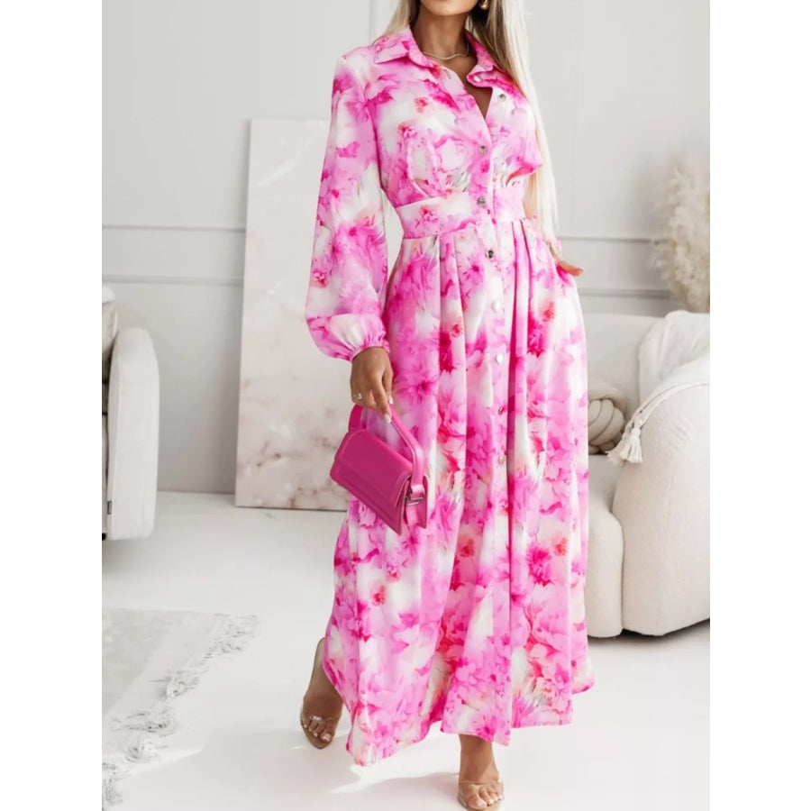 Long Sleeve Maxi Shirt Dress Fuchsia Pink / S Apparel and Accessories