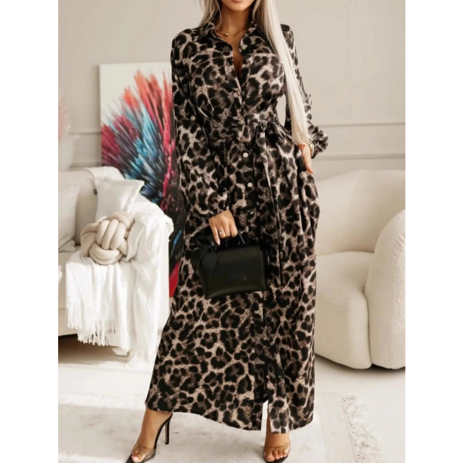 Long Sleeve Maxi Shirt Dress Leopard / S Apparel and Accessories