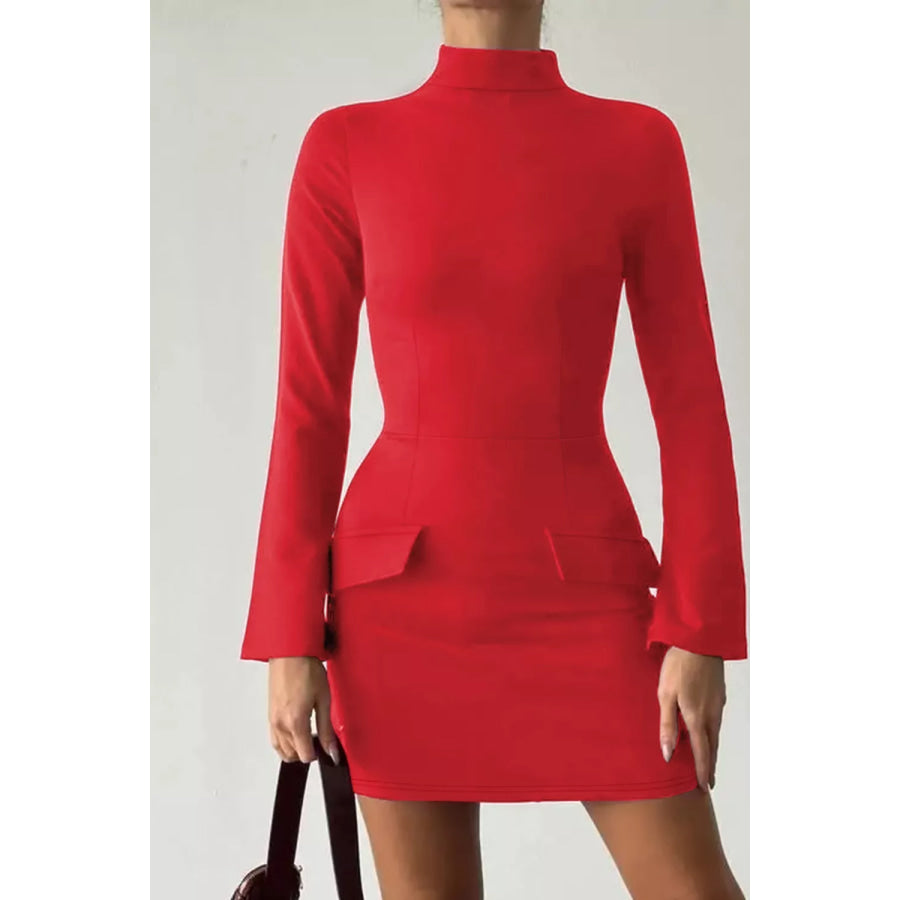 Long-Sleeve Mini Dress with Flap Pockets Deep Red / S Apparel and Accessories