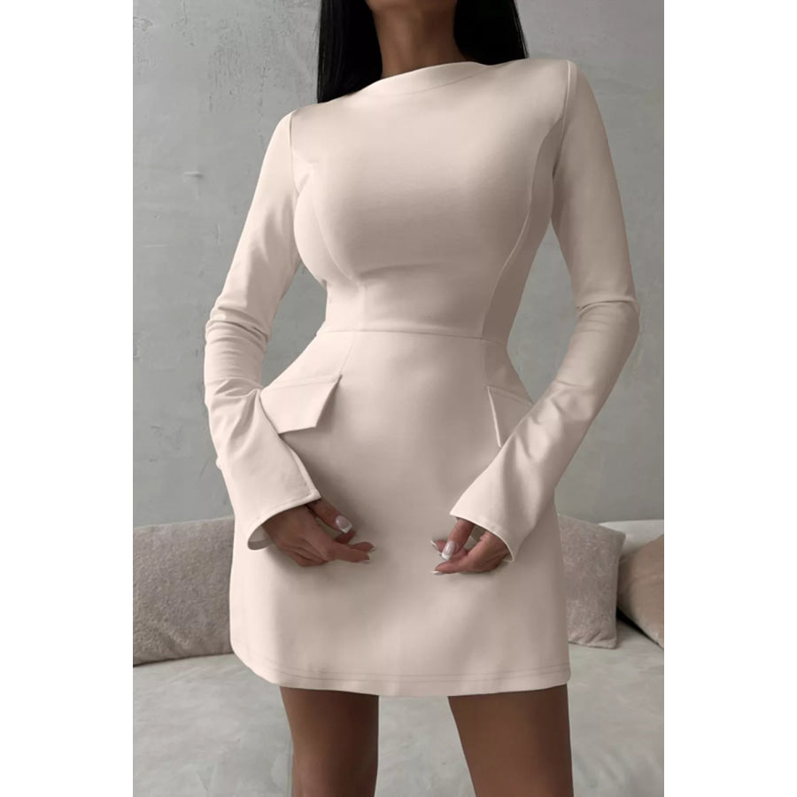 Long-Sleeve Mini Dress with Flap Pockets White / S Apparel and Accessories