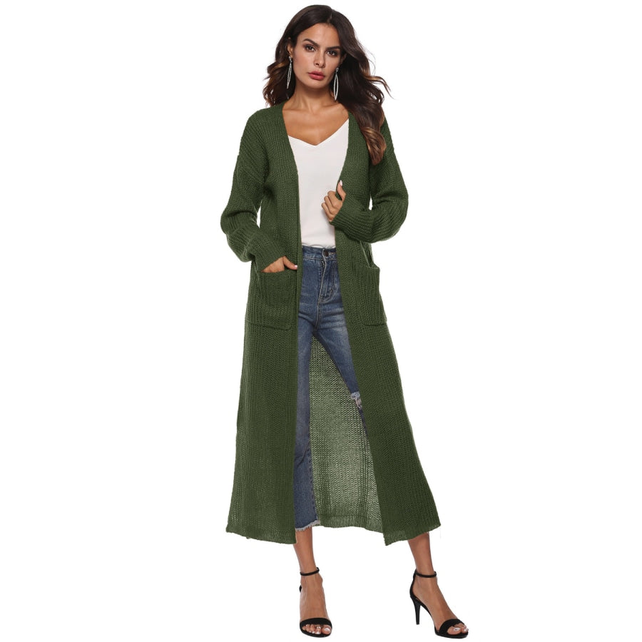 Long Sleeve Open Front Buttoned Cardigan Army Green / S