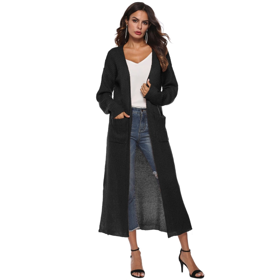 Long Sleeve Open Front Buttoned Cardigan Black / S