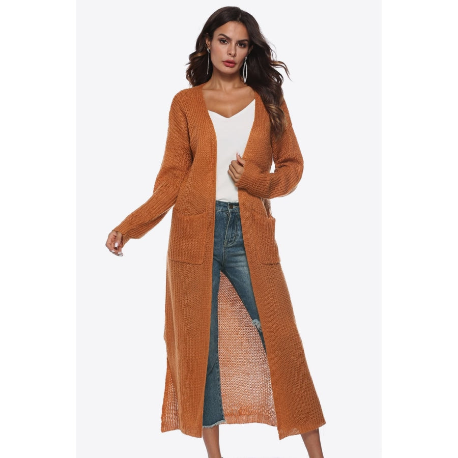 Long Sleeve Open Front Buttoned Cardigan Caramel / S