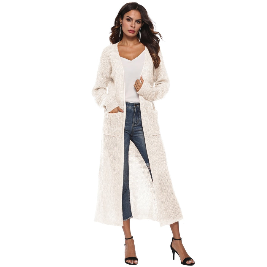 Long Sleeve Open Front Buttoned Cardigan Ivory / S