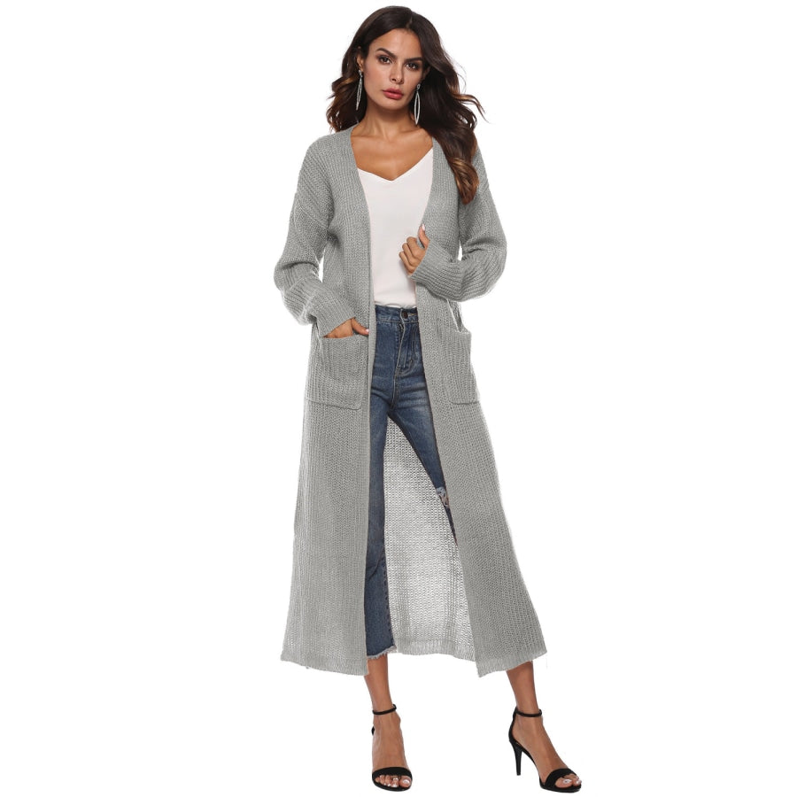 Long Sleeve Open Front Buttoned Cardigan Light Gray / S