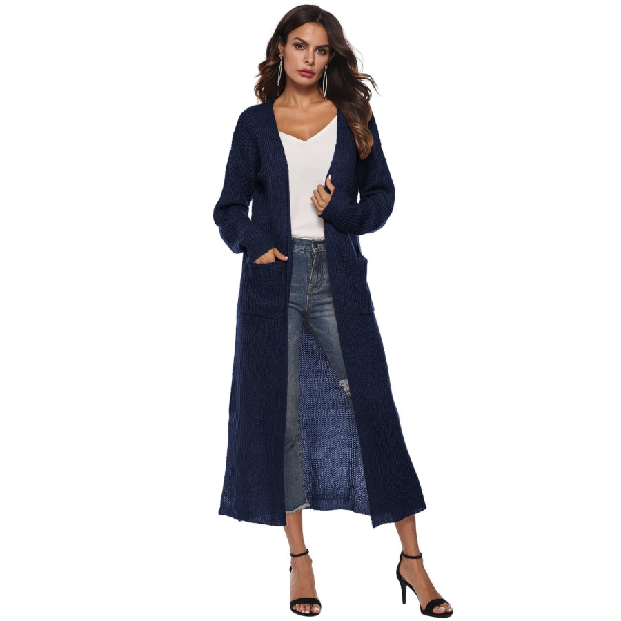 Long Sleeve Open Front Buttoned Cardigan Navy / S