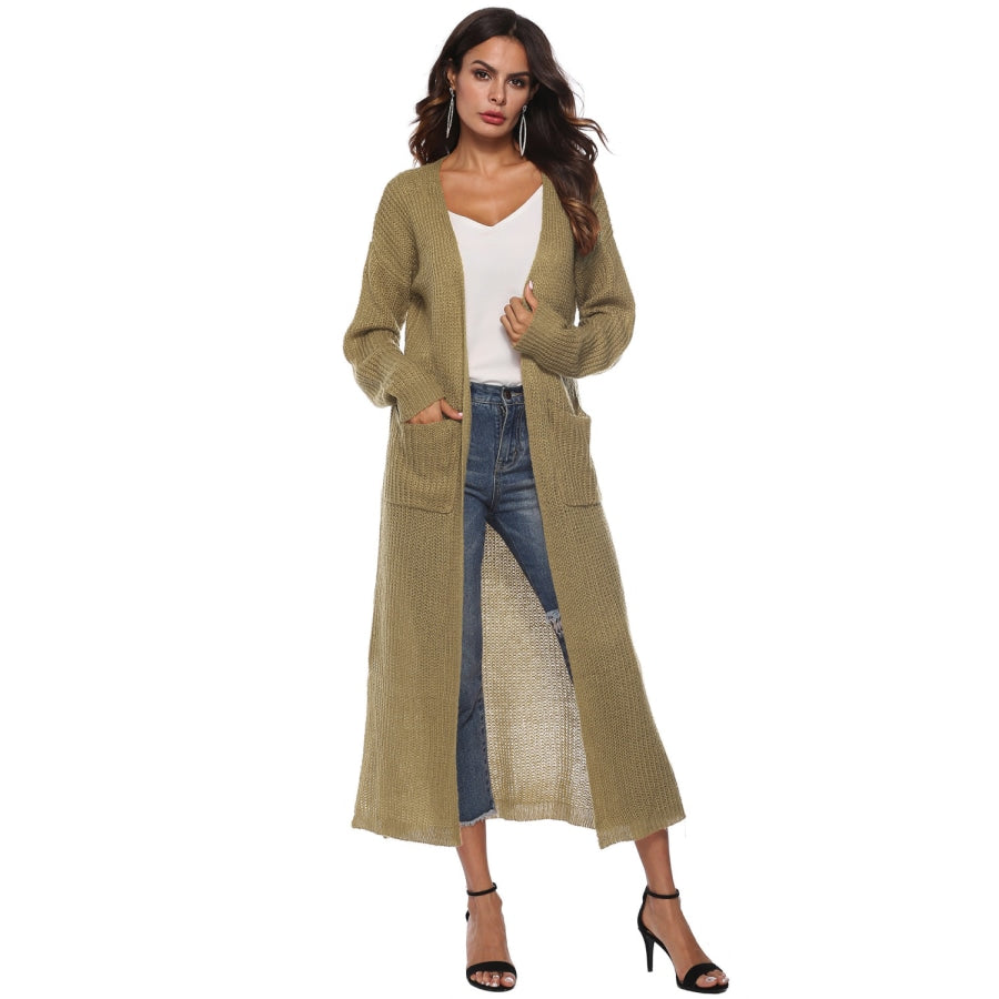 Long Sleeve Open Front Buttoned Cardigan Olive Brown / S