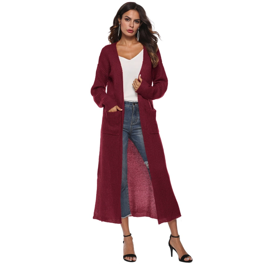 Long Sleeve Open Front Buttoned Cardigan Wine / S