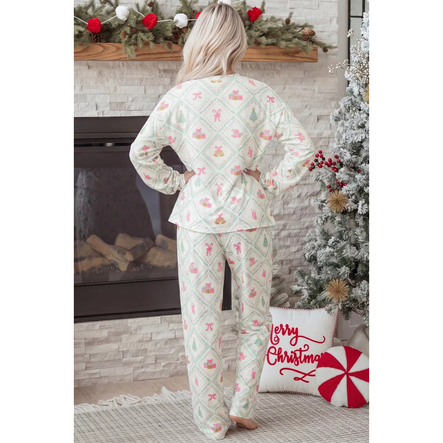 Long Sleeve Patchwork Shift and Pants Christmas Daily Wear Lounge Set Apparel Accessories
