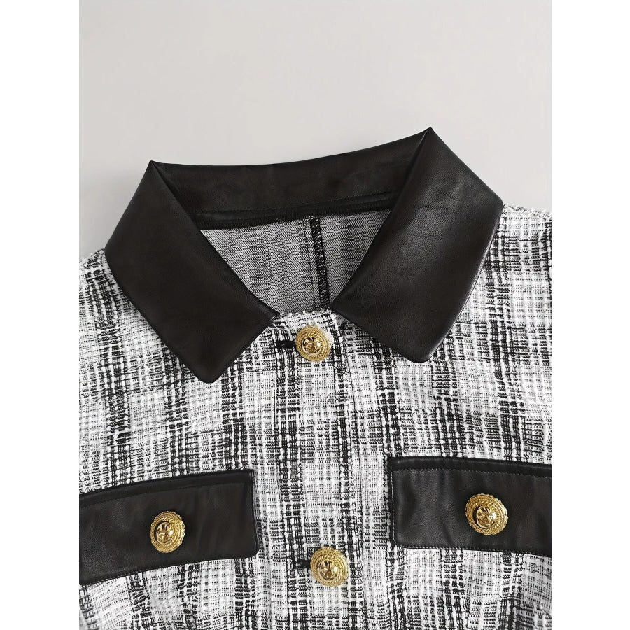 Long Sleeve Plaid Tweed Button-Down Mini Dress Apparel and Accessories