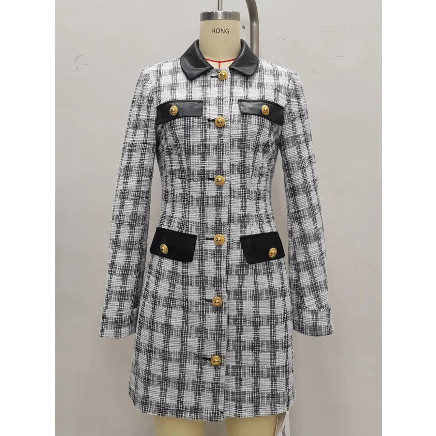 Long Sleeve Plaid Tweed Button-Down Mini Dress Apparel and Accessories