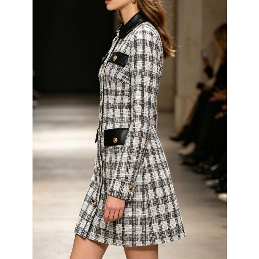 Long Sleeve Plaid Tweed Button-Down Mini Dress Apparel and Accessories