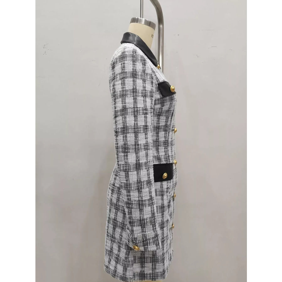 Long Sleeve Plaid Tweed Button-Down Mini Dress Apparel and Accessories