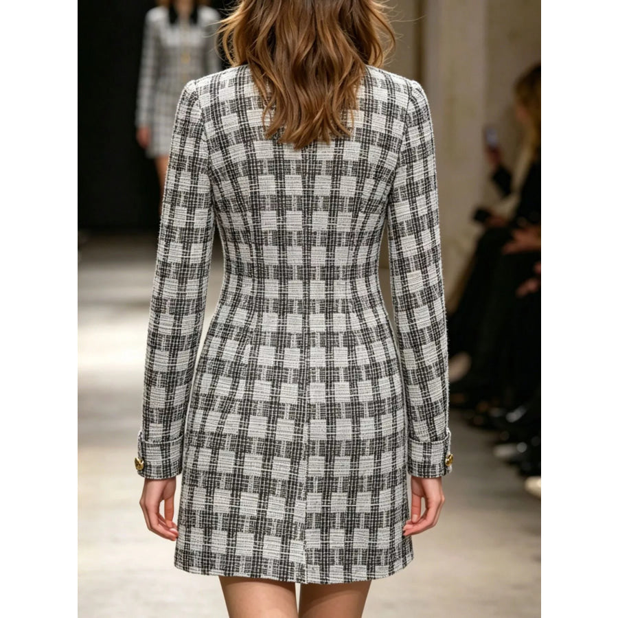 Long Sleeve Plaid Tweed Button-Down Mini Dress Apparel and Accessories