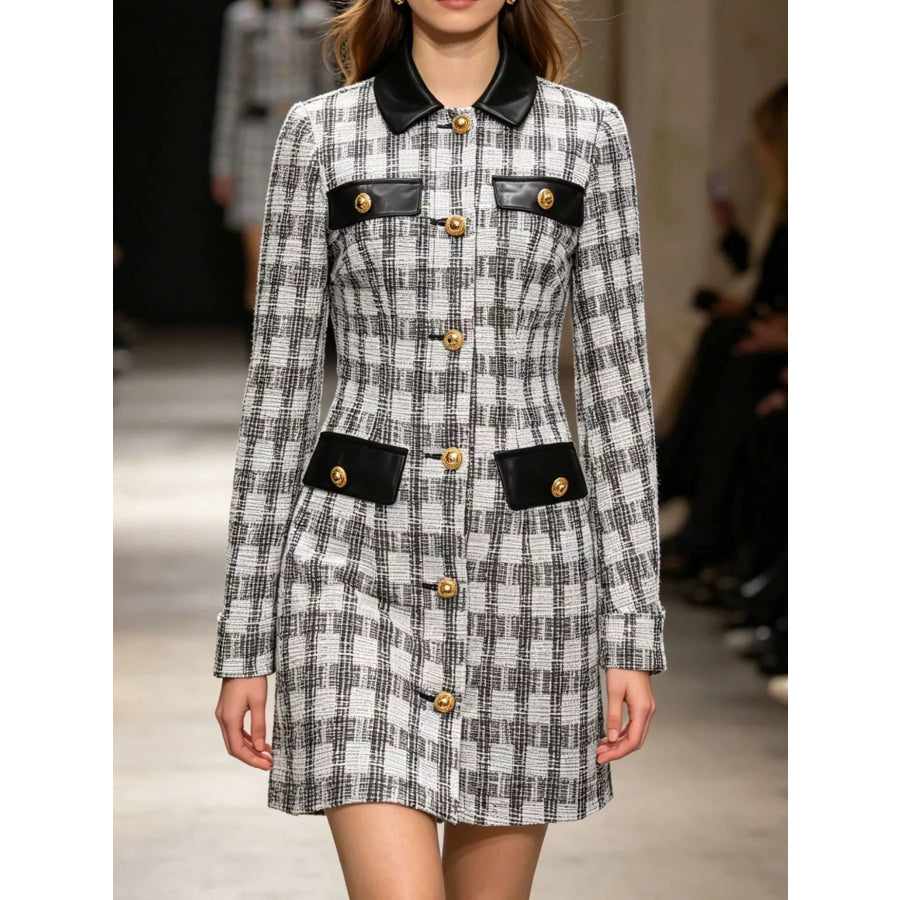 Long Sleeve Plaid Tweed Button-Down Mini Dress Black / S Apparel and Accessories