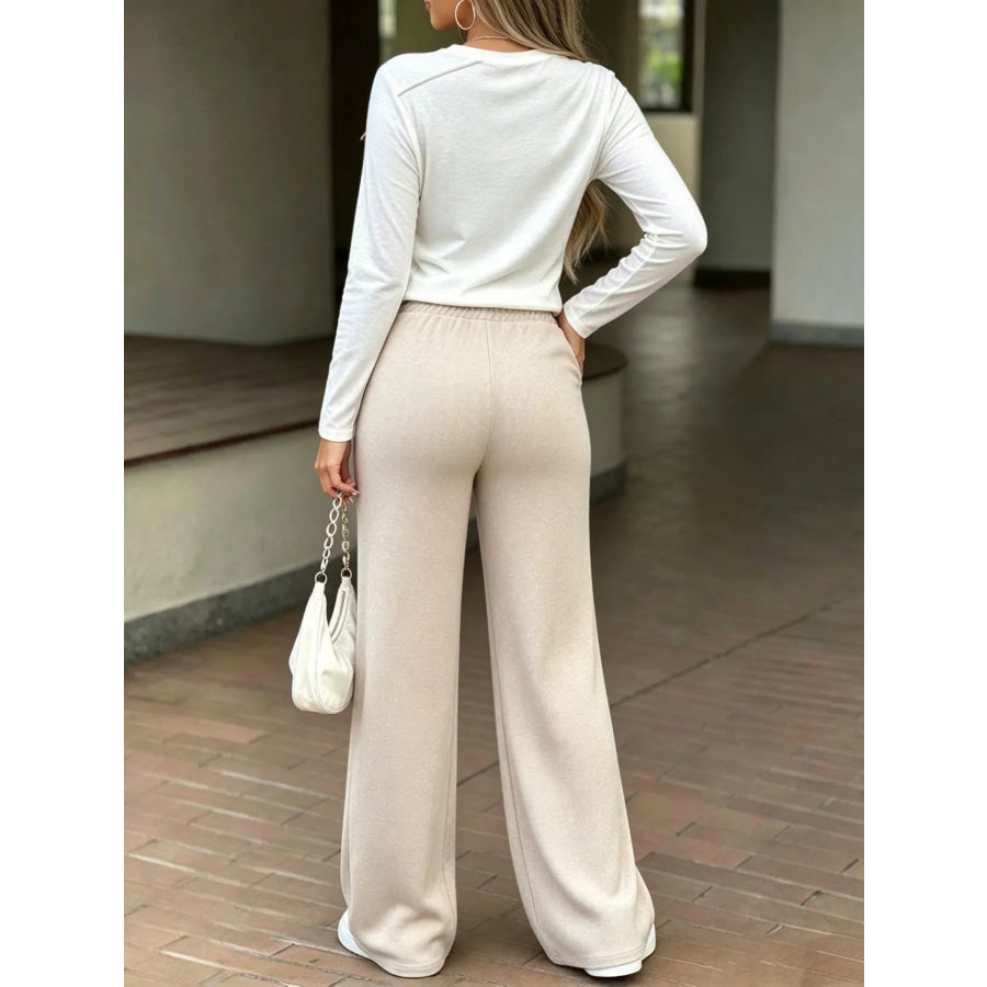 Long Sleeve Pocket Top and Wide-Leg Drawstring Pants Set Apparel Accessories