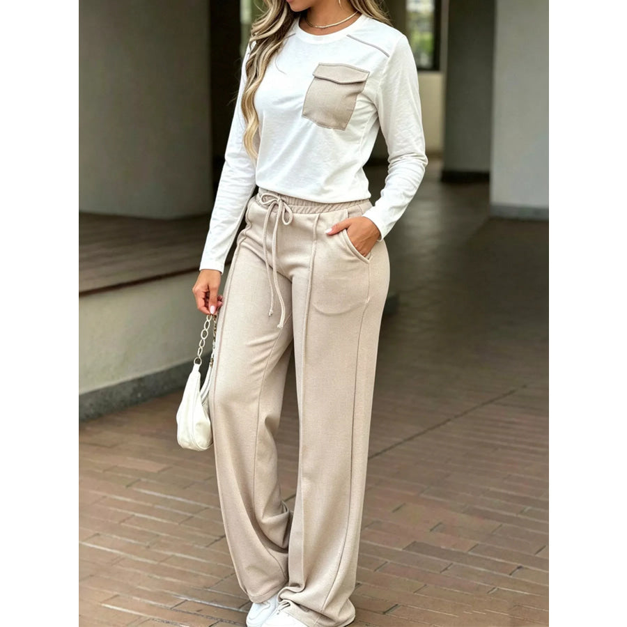 Long Sleeve Pocket Top and Wide-Leg Drawstring Pants Set Apricot / S Apparel Accessories