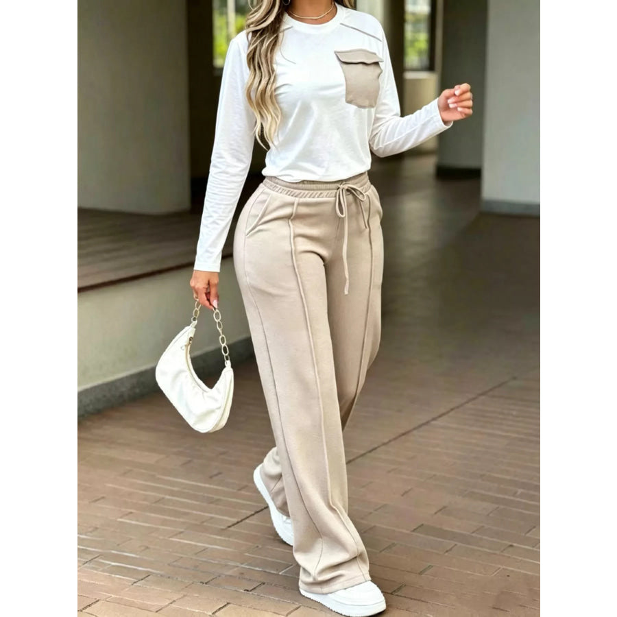Long Sleeve Pocket Top and Wide-Leg Drawstring Pants Set Apparel Accessories
