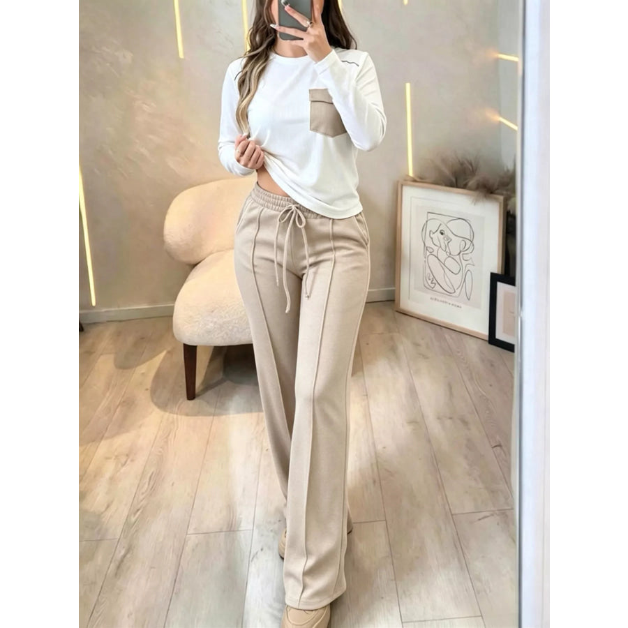 Long Sleeve Pocket Top and Wide-Leg Drawstring Pants Set Apparel Accessories