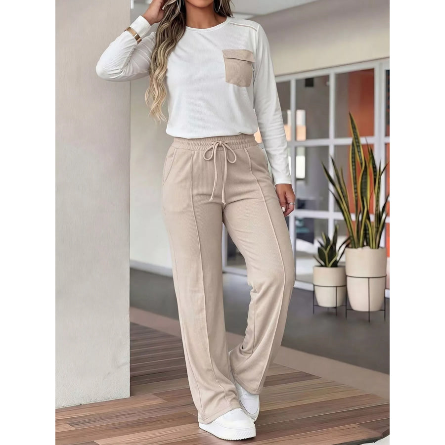 Long Sleeve Pocket Top and Wide-Leg Drawstring Pants Set Apricot / S Apparel Accessories