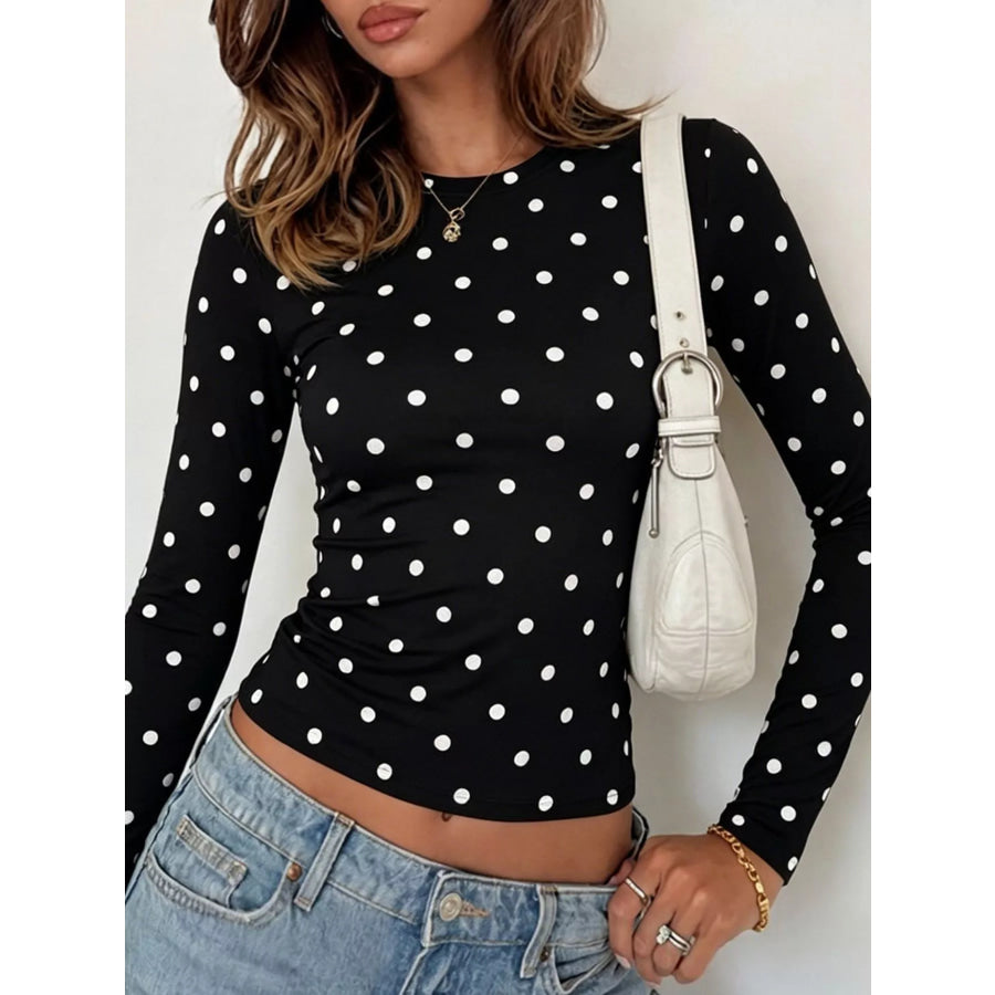 Long Sleeve Polka Dot Slim Fit T-Shirt Black / S Apparel and Accessories