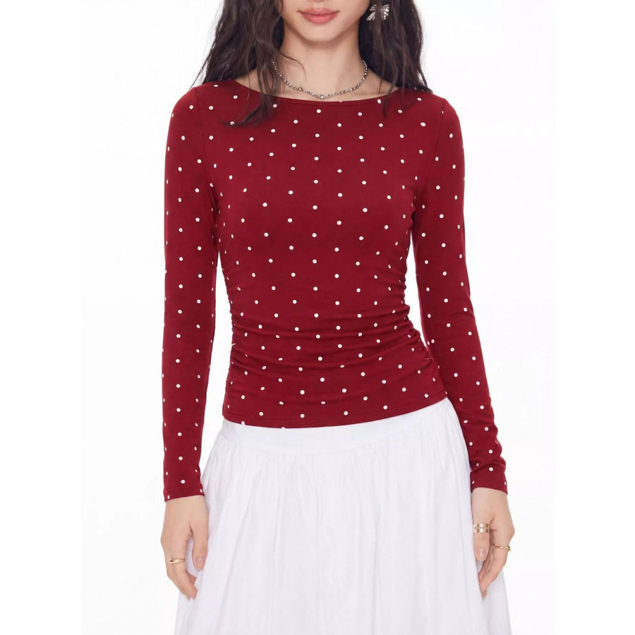 Long Sleeve Polka Dot Tie Back T-Shirt Red / XS Apparel and Accessories