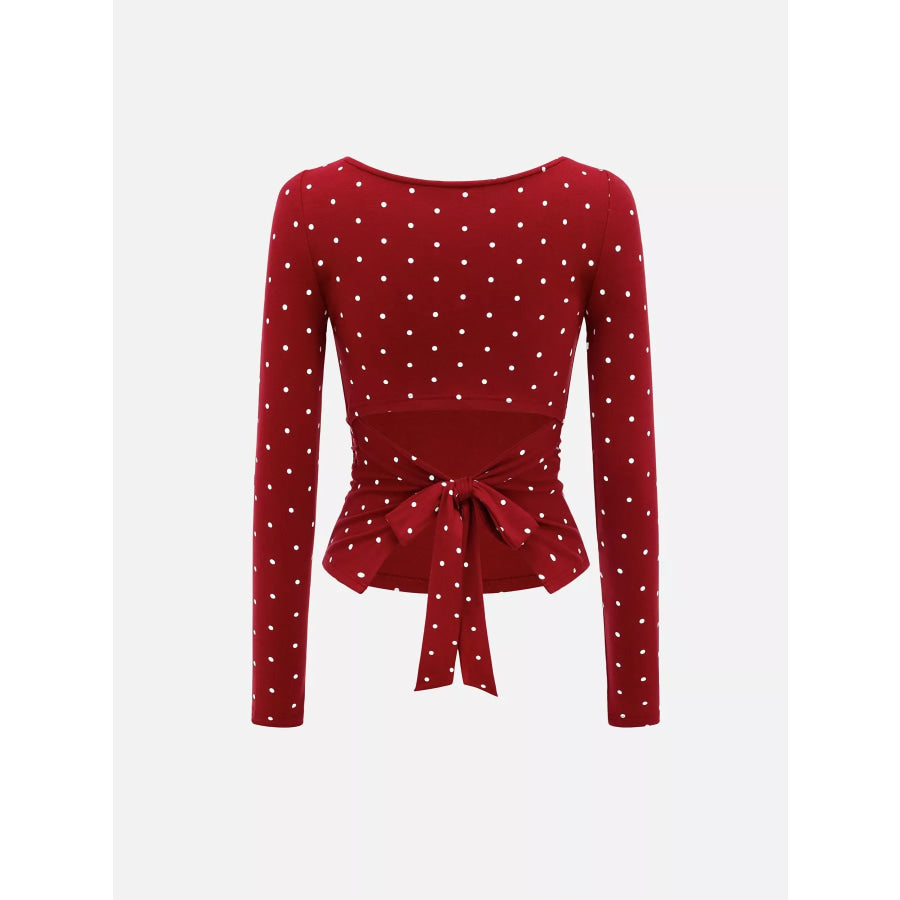 Long Sleeve Polka Dot Tie Back T-Shirt Apparel and Accessories