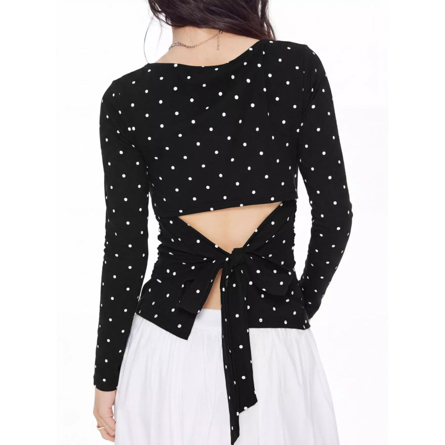 Long Sleeve Polka Dot Tie Back T-Shirt Black / XS Apparel and Accessories