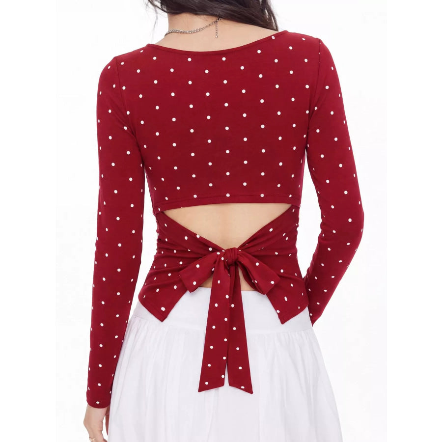 Long Sleeve Polka Dot Tie Back T-Shirt Red / XS Apparel and Accessories