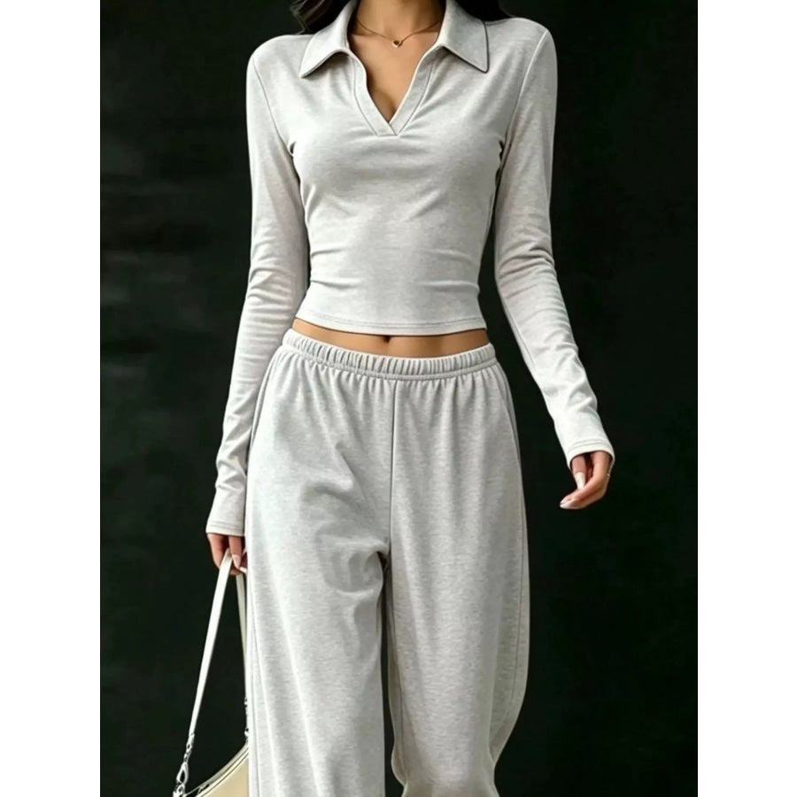 Long-Sleeve Polo Top and Wide-Leg Pants Set Apparel Accessories