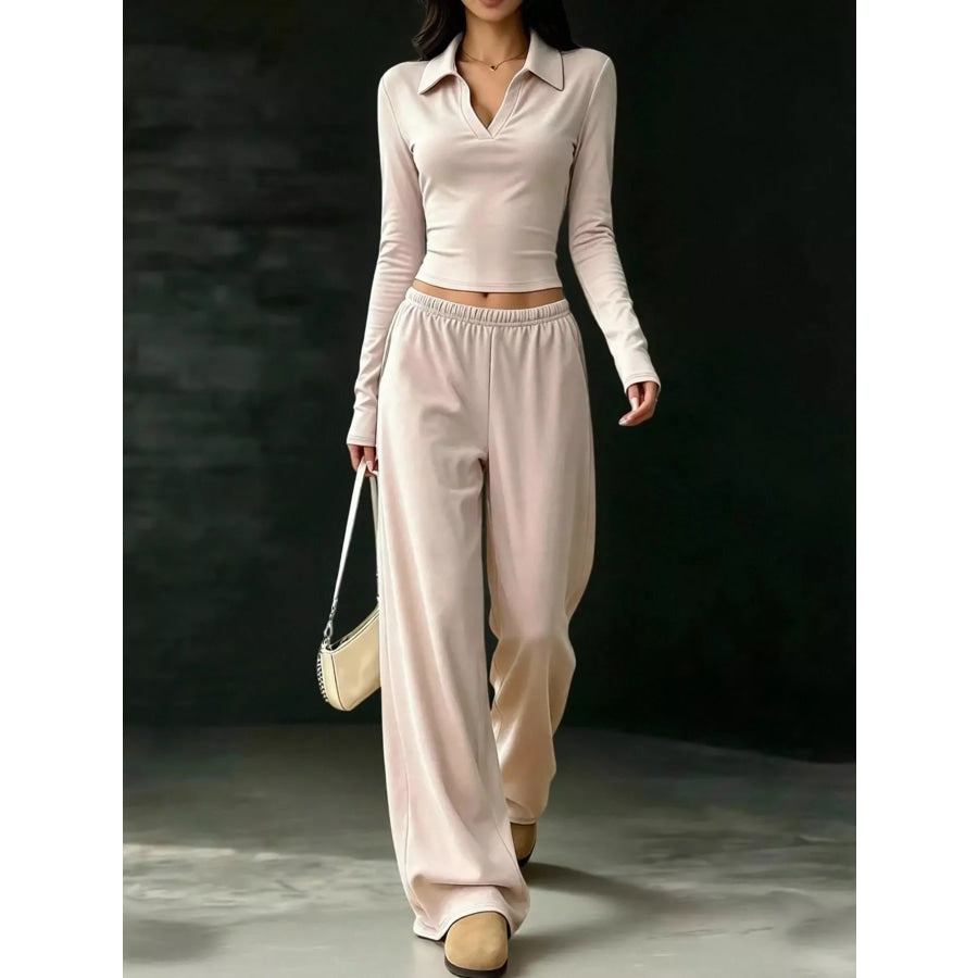 Long-Sleeve Polo Top and Wide-Leg Pants Set Apparel Accessories