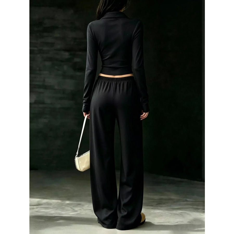 Long-Sleeve Polo Top and Wide-Leg Pants Set Apparel Accessories