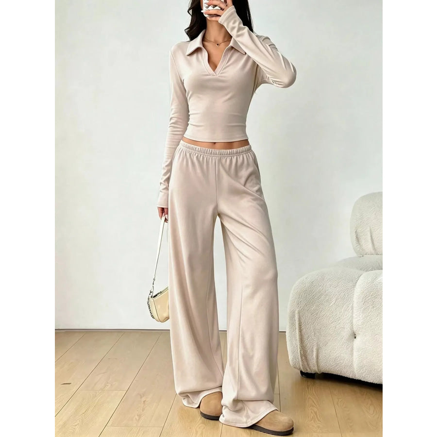 Long-Sleeve Polo Top and Wide-Leg Pants Set Apparel Accessories