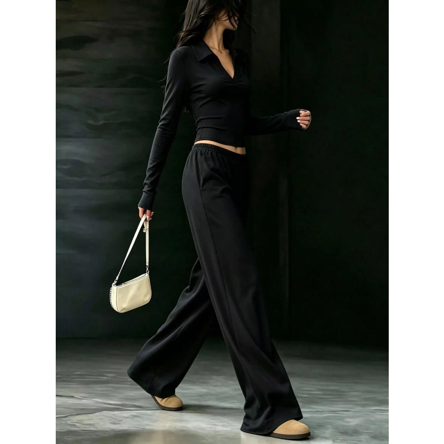 Long-Sleeve Polo Top and Wide-Leg Pants Set Apparel Accessories