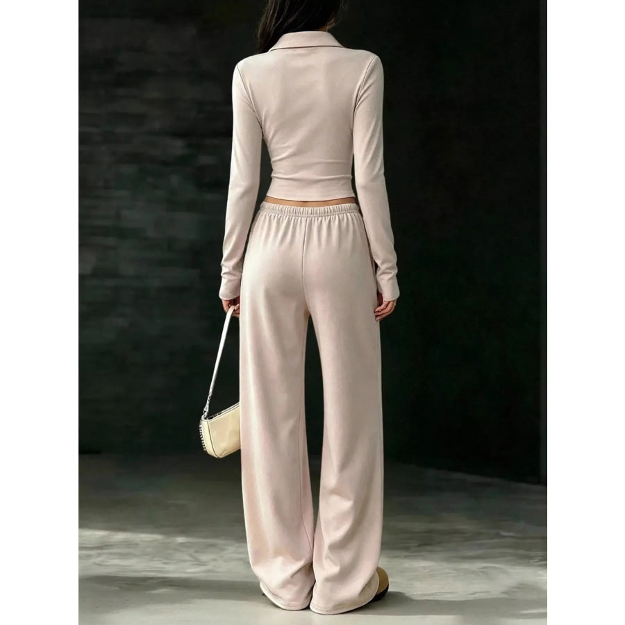 Long-Sleeve Polo Top and Wide-Leg Pants Set Apparel Accessories