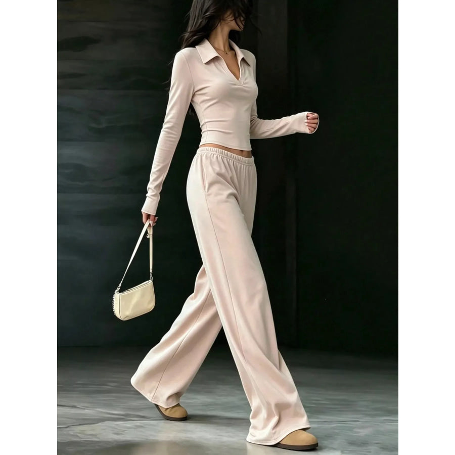 Long-Sleeve Polo Top and Wide-Leg Pants Set Apparel Accessories
