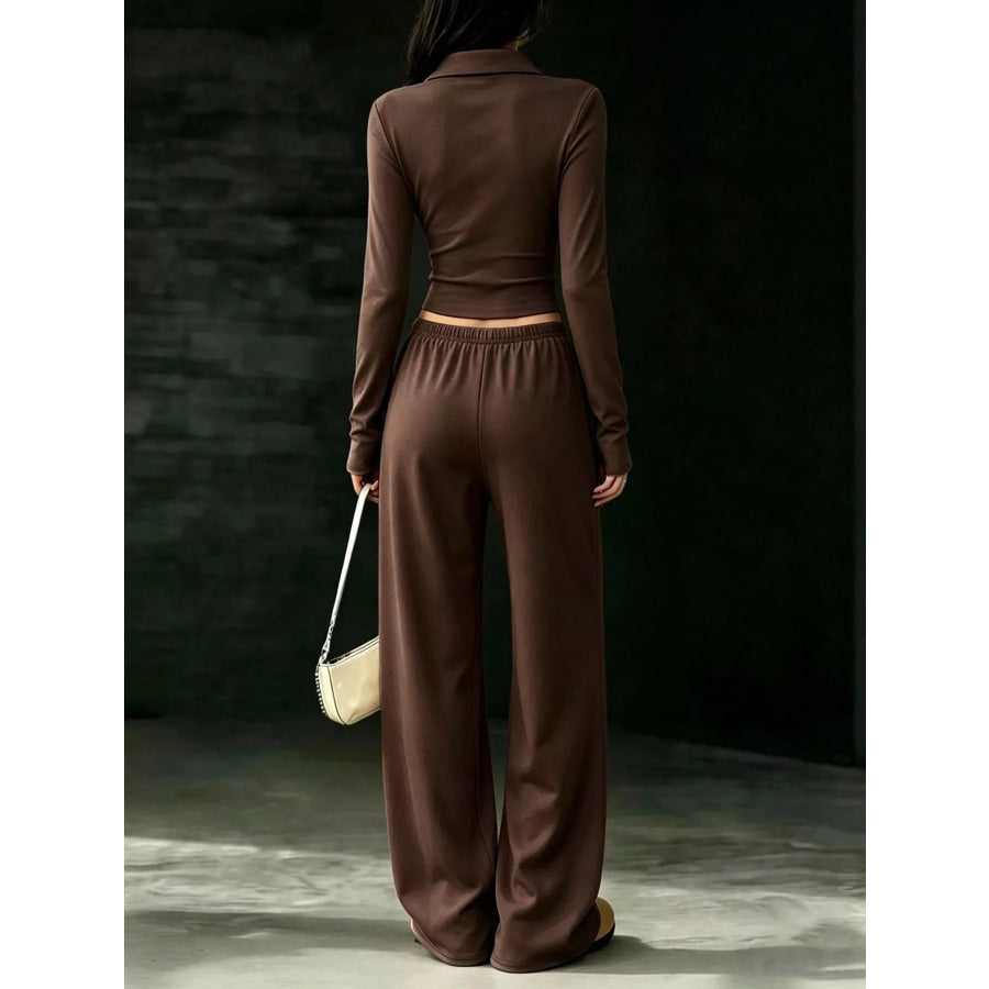 Long-Sleeve Polo Top and Wide-Leg Pants Set Apparel Accessories