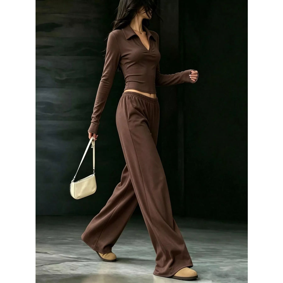Long-Sleeve Polo Top and Wide-Leg Pants Set Apparel Accessories