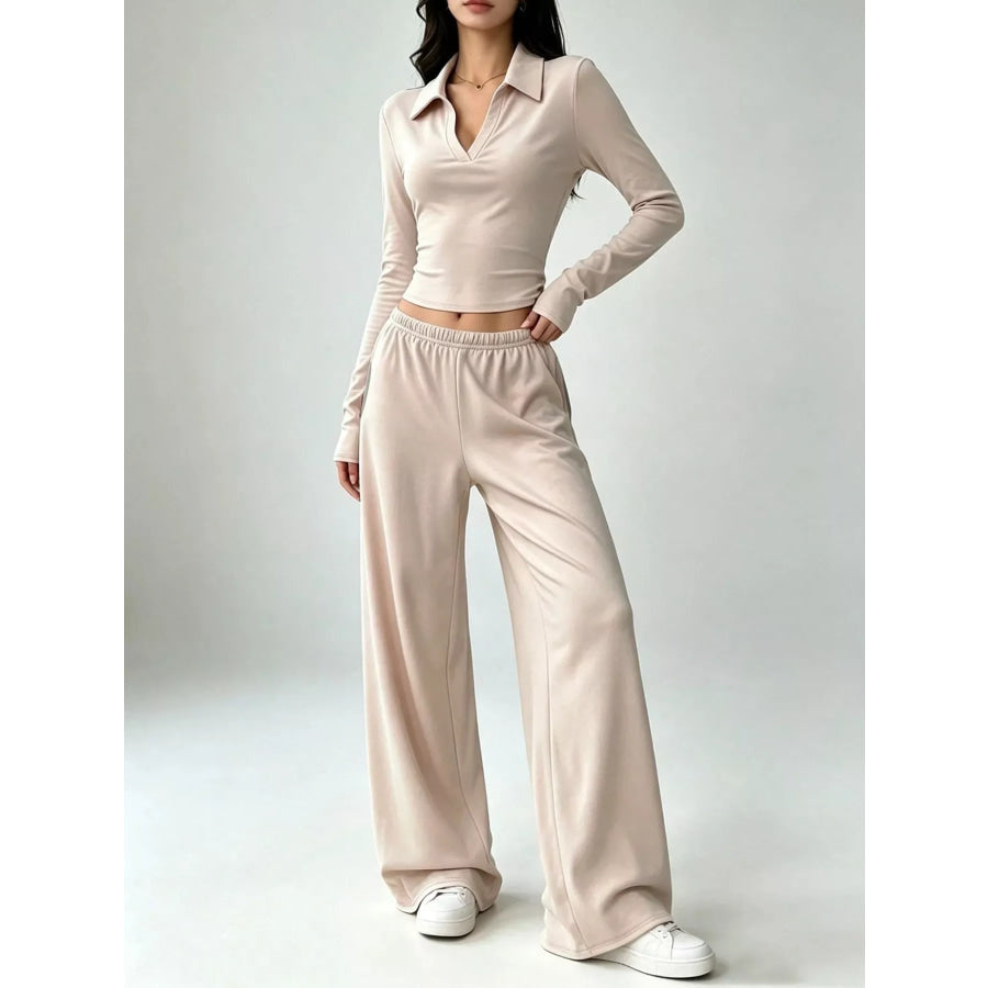 Long-Sleeve Polo Top and Wide-Leg Pants Set Apricot / XS Apparel Accessories
