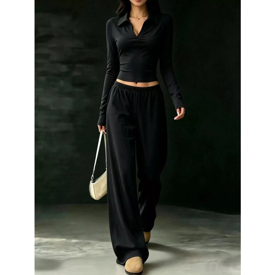 Long-Sleeve Polo Top and Wide-Leg Pants Set Black / XS Apparel Accessories