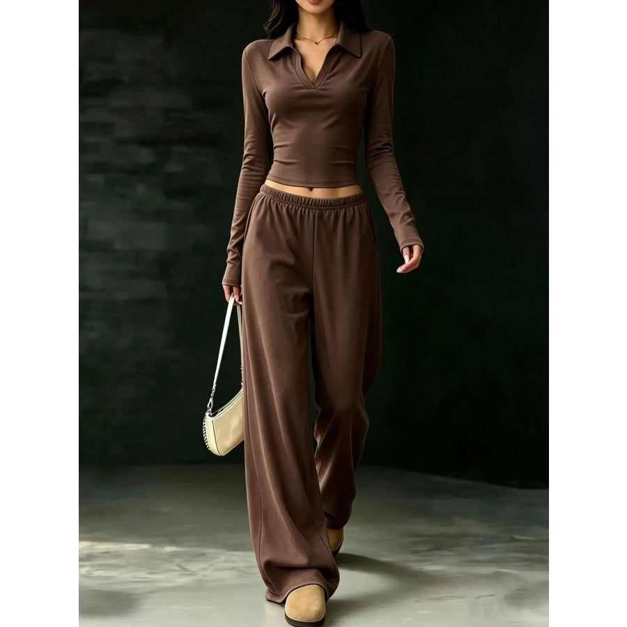 Long-Sleeve Polo Top and Wide-Leg Pants Set Dark Brown / XS Apparel Accessories