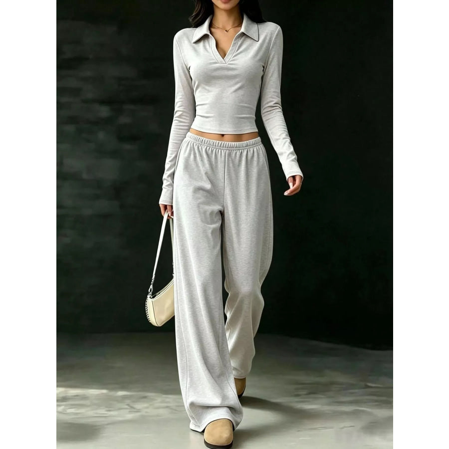 Long-Sleeve Polo Top and Wide-Leg Pants Set Light Gray / XS Apparel Accessories