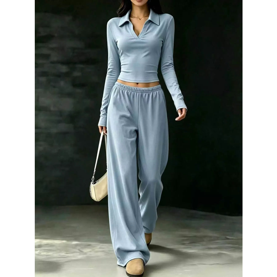 Long-Sleeve Polo Top and Wide-Leg Pants Set Sky Blue / XS Apparel Accessories