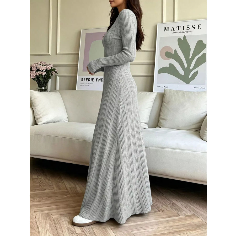 Long Sleeve Ribbed Knit Dress Gray / S Apparel and Accessories