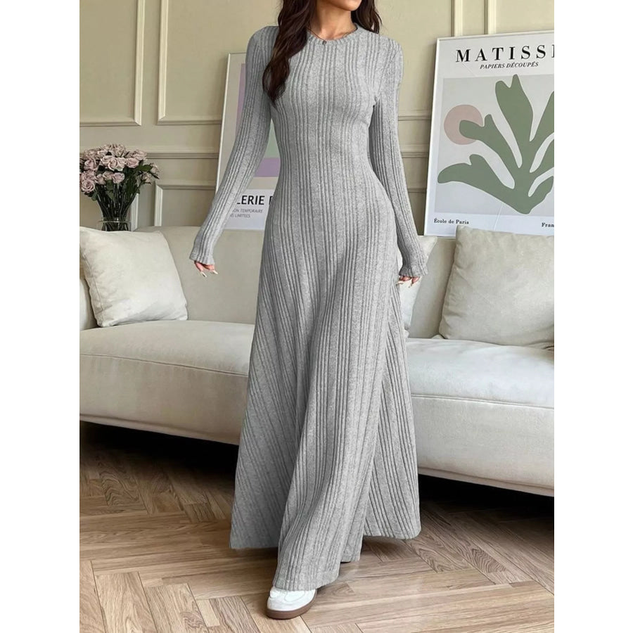 Long Sleeve Ribbed Knit Dress Gray / S Apparel and Accessories
