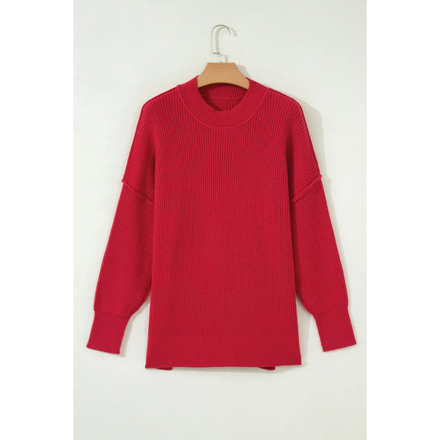 Long Sleeve Ribbed Knit Stand Neck Regular Fit Sweater Apparel and Accessories